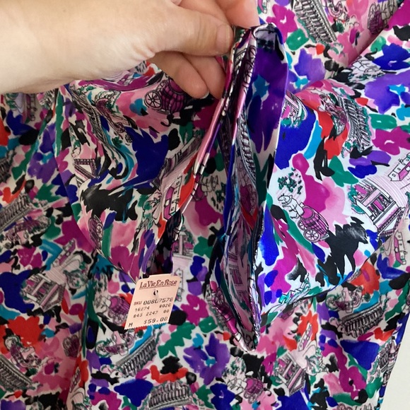 New Vintage Nightgown Womens Medium Pink Blue Print Silk Long Sleeve Nightie - Picture 9 of 13